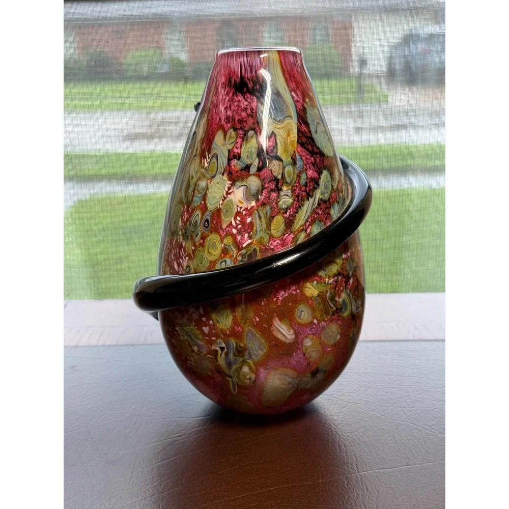 Robert Eickholdt 2000 Signed Studio Art Glass Vase Dichroic Black Wrap Sculpture